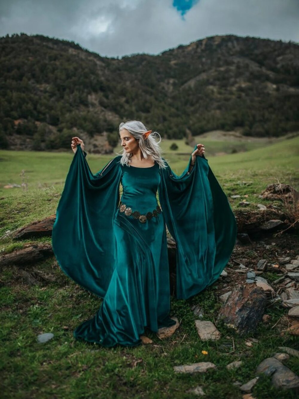 CostureroReal Emerald Green/Teal Velvet Elven Dress - Medieval Ren Fair Costume